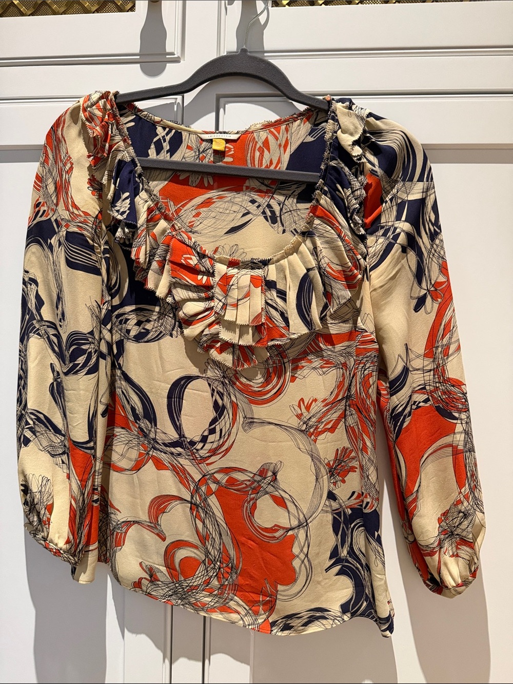 Women's Cream Navy and Orange Ruffle-Neck Blouse